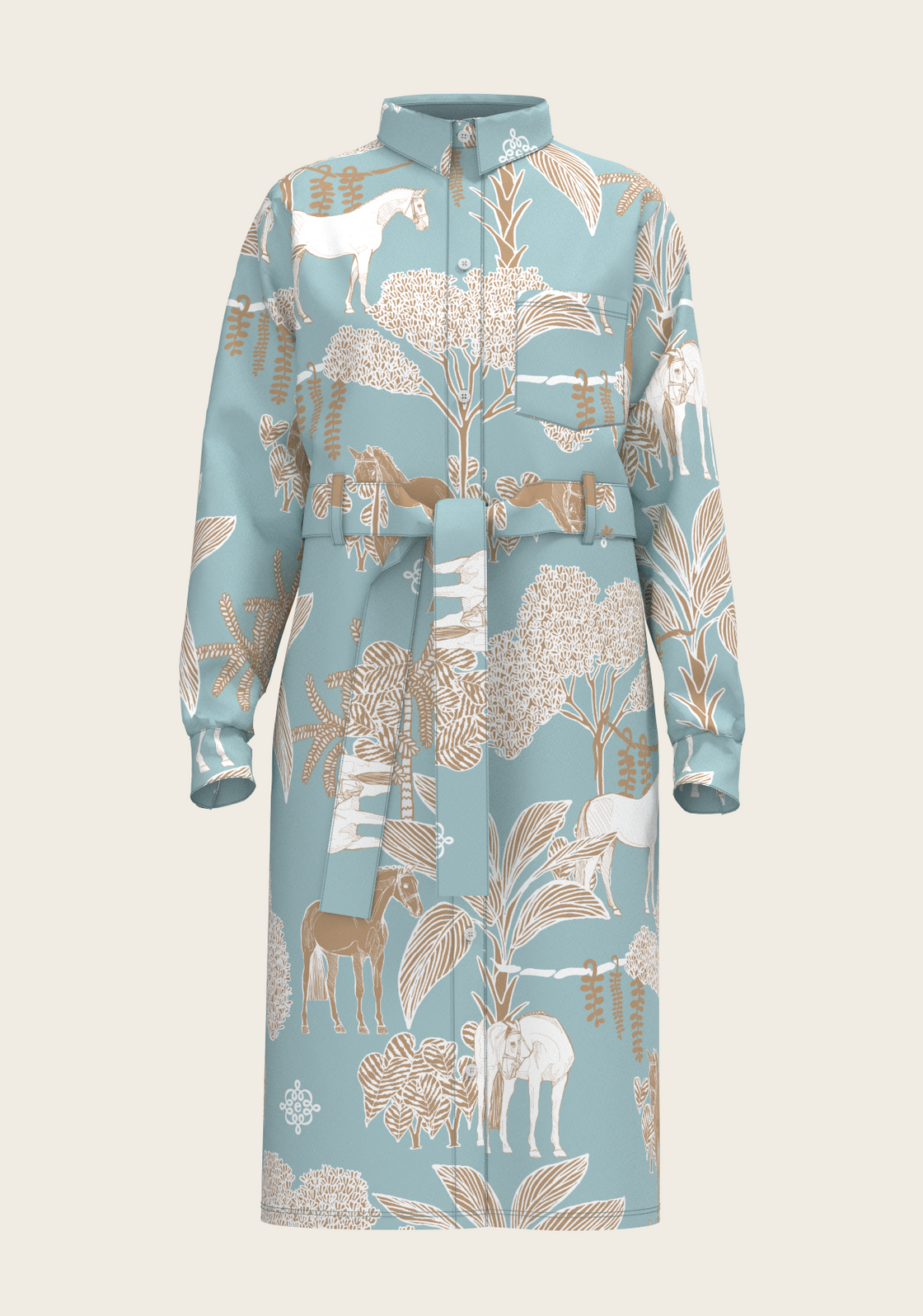  Island Horses on Sky Blue Long Sleeve Shirt Dress