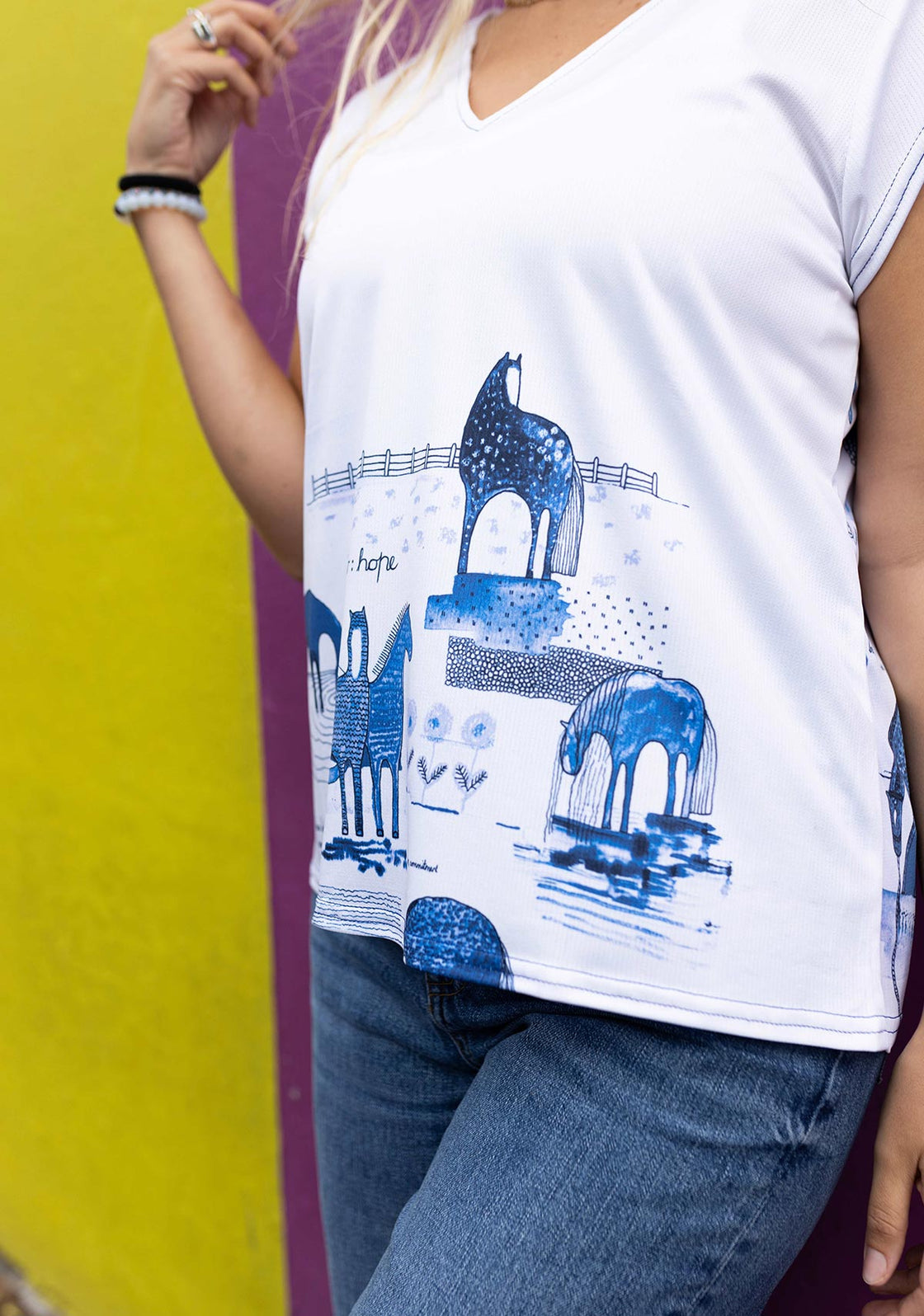 Daydreaming Horses in Blue Loose Fitting V Neck Shirt