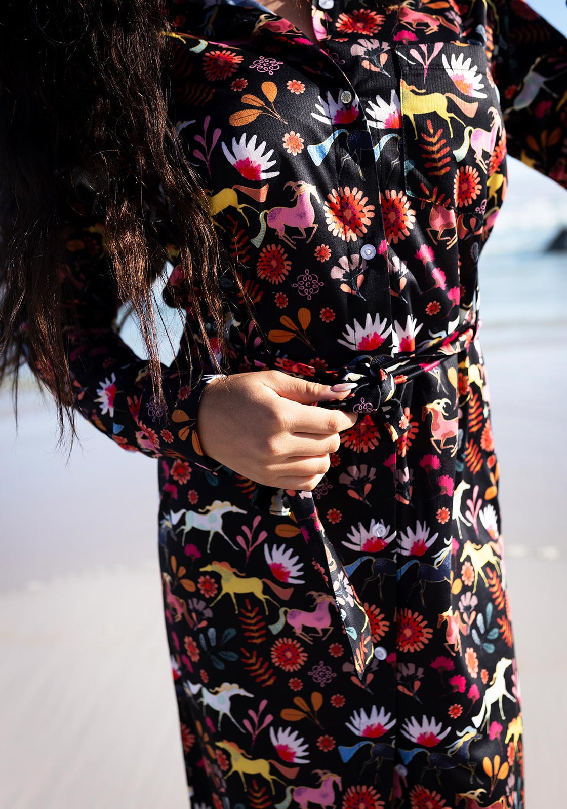  Bouquet on Black Long Sleeve Shirt Dress