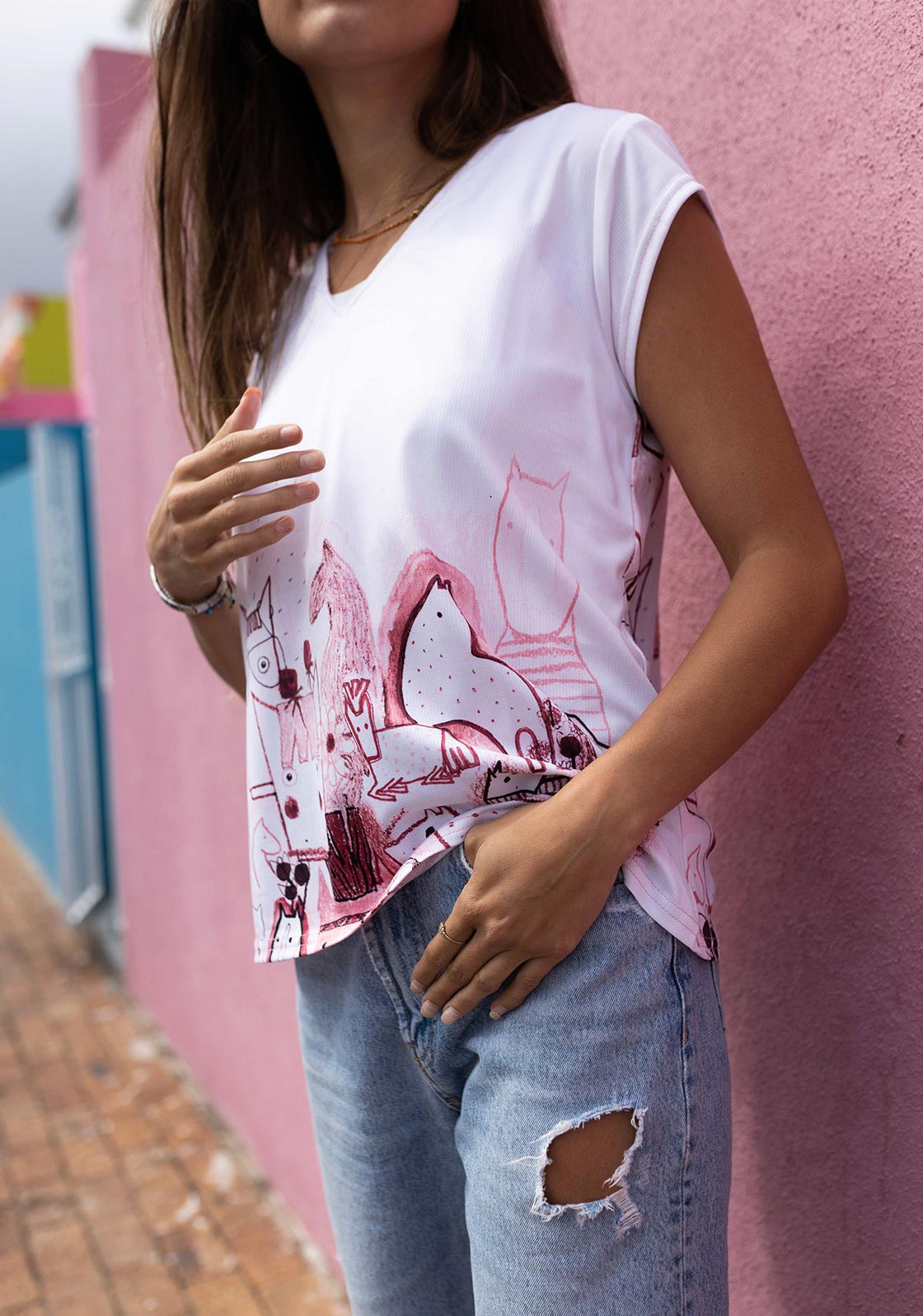 The Horse Fair in Rose Loose Fitting V Neck Shirt
