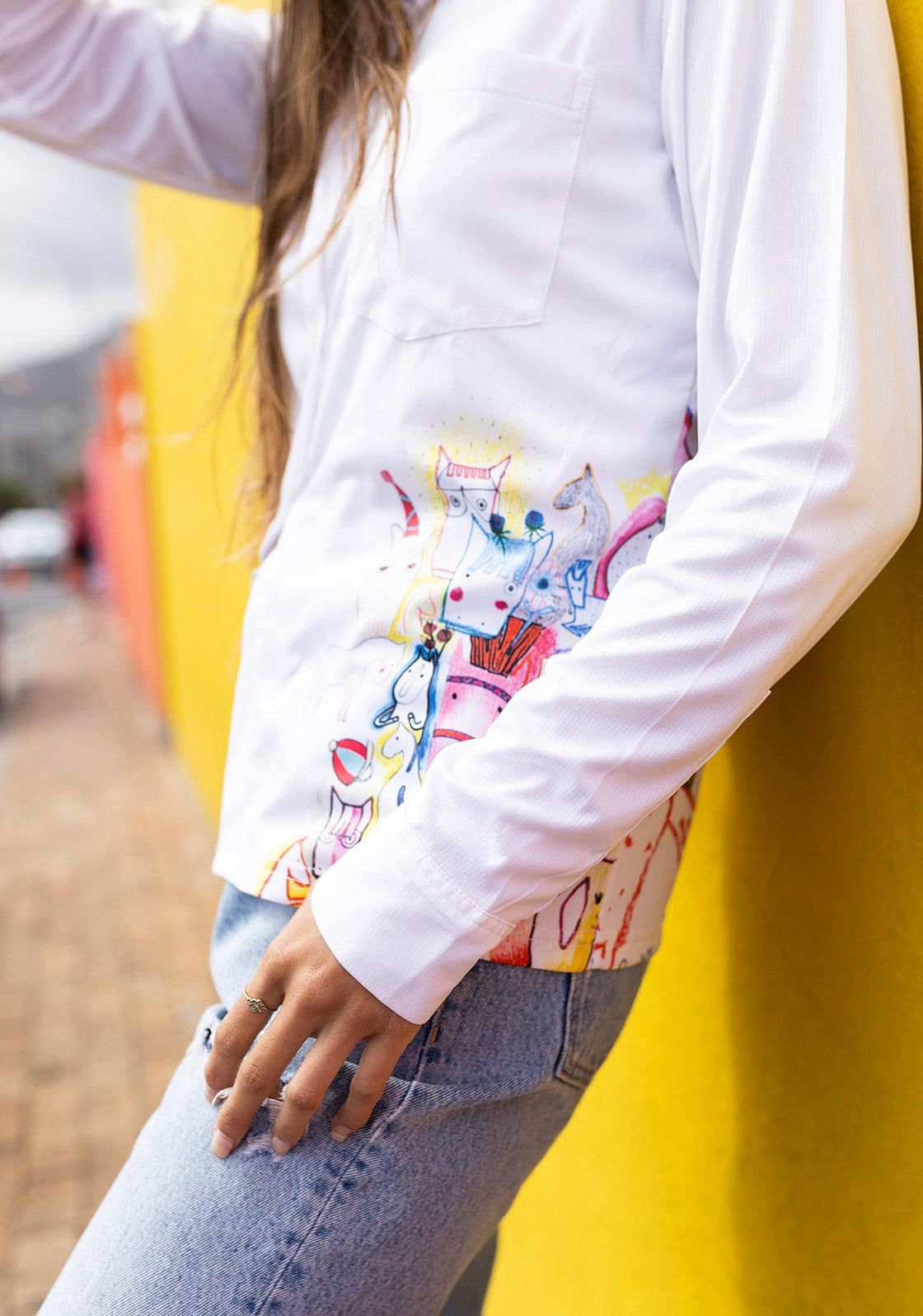 The Horse Fair on White Loose Fitting Button Shirt