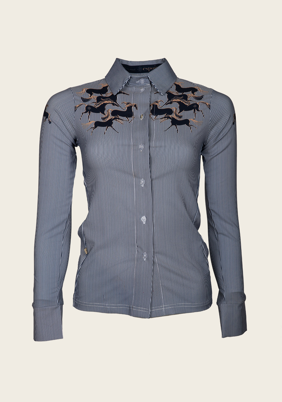 Running Horses Navy Ladies’ Button  Sun Shirt