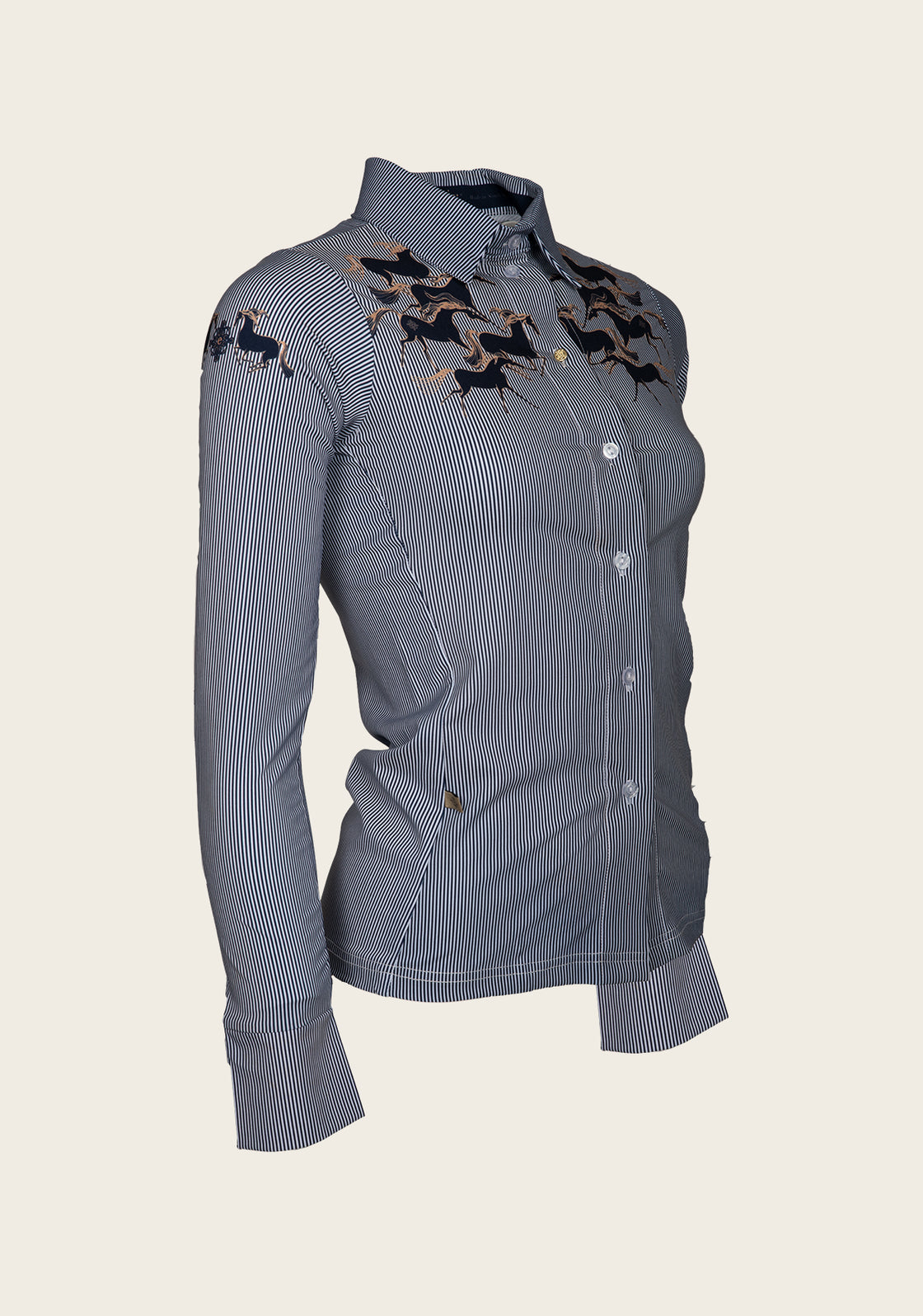 Running Horses Navy Ladies’ Button  Sun Shirt