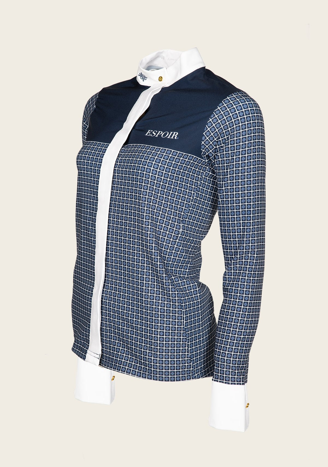 Espoir Lumiere Button Blocked Pattern Navy Show Shirt