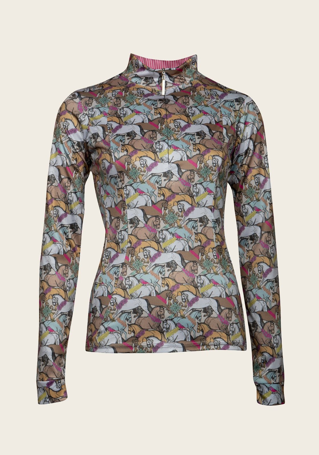 Espoir Flowered Horses Quarter Zip Sun Shirt