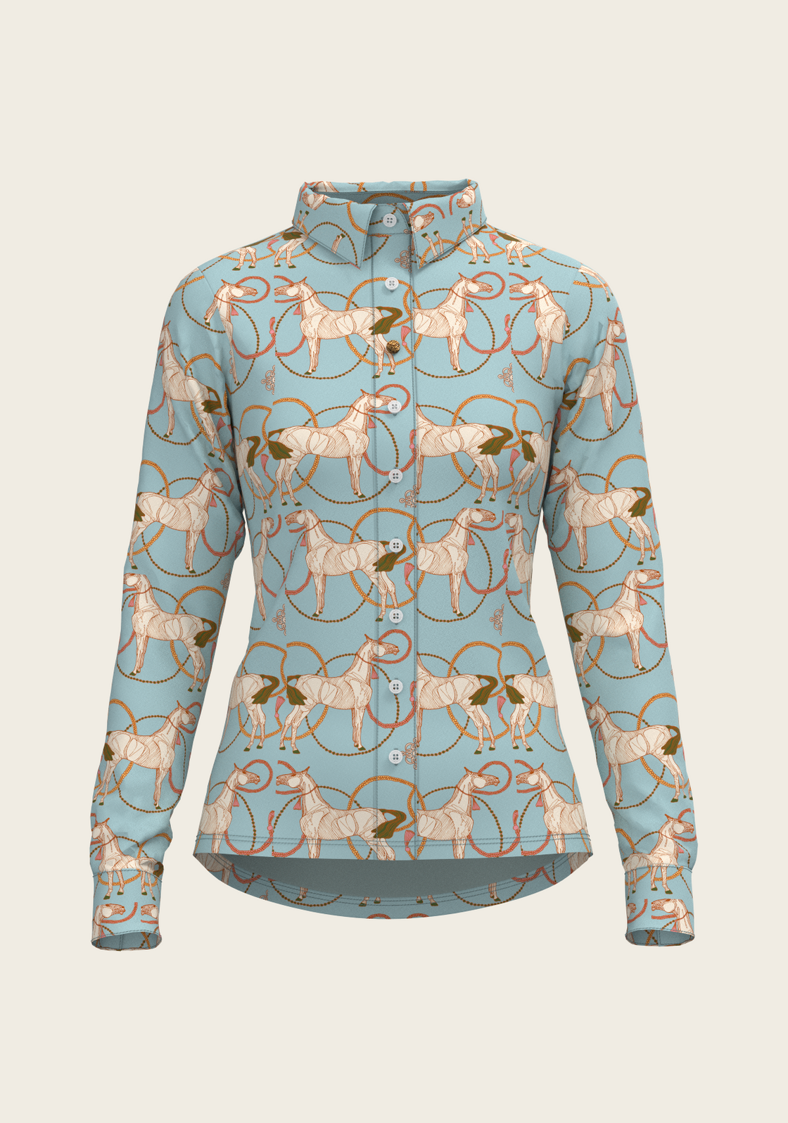 Roped Horses on Sky Blue Ladies Button Shirt