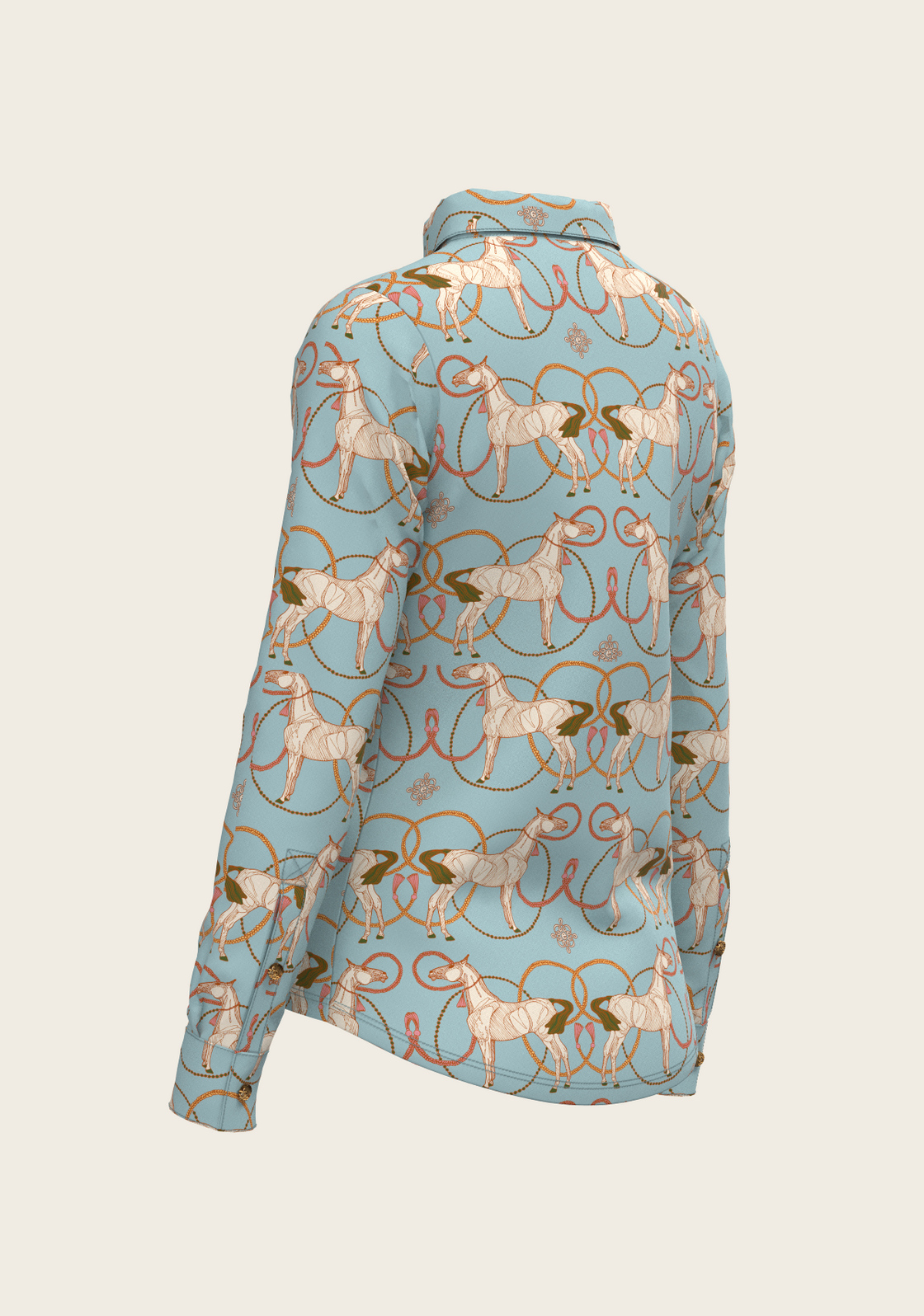 Roped Horses on Sky Blue Ladies Button Shirt