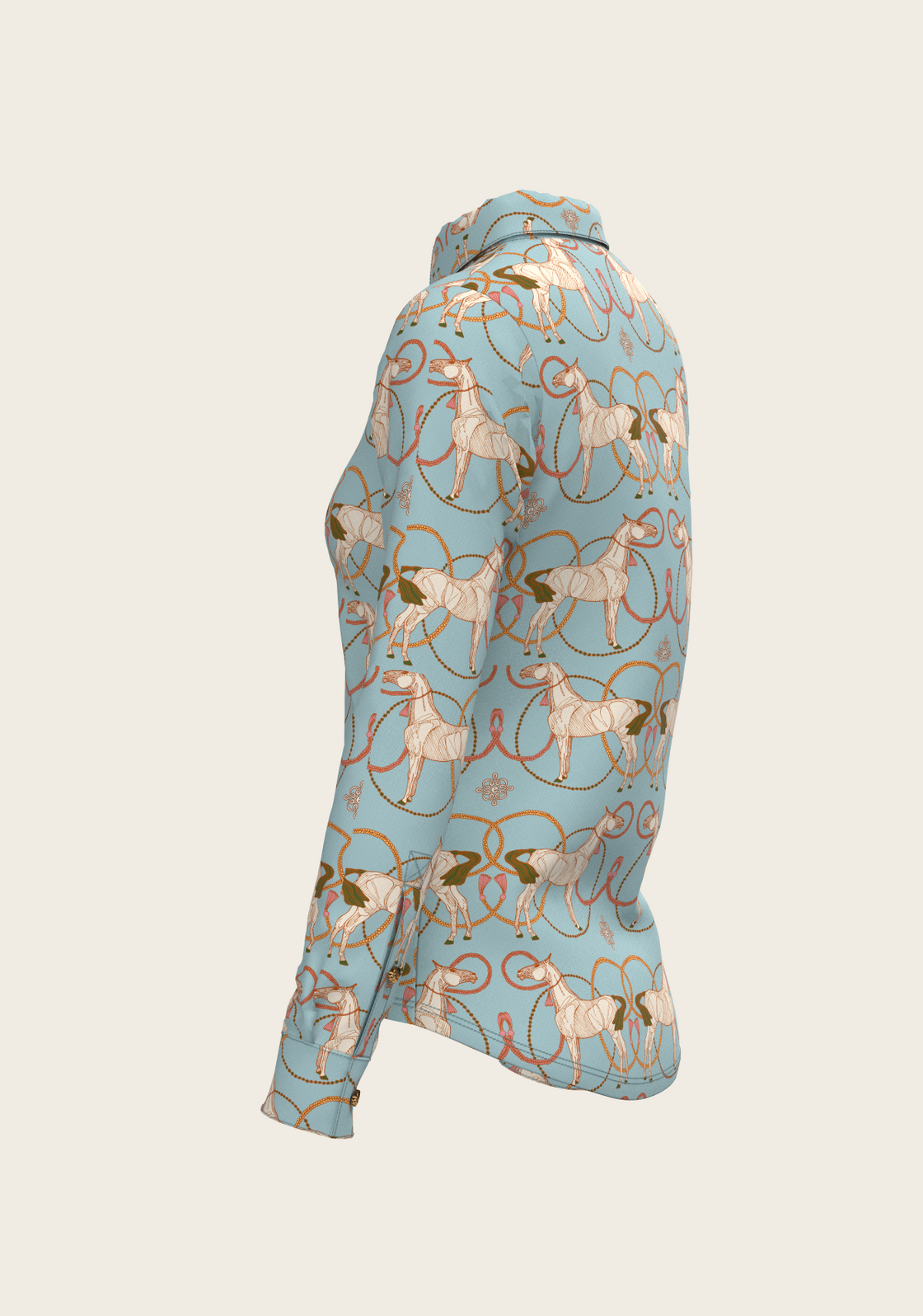 Roped Horses on Sky Blue Ladies Button Shirt