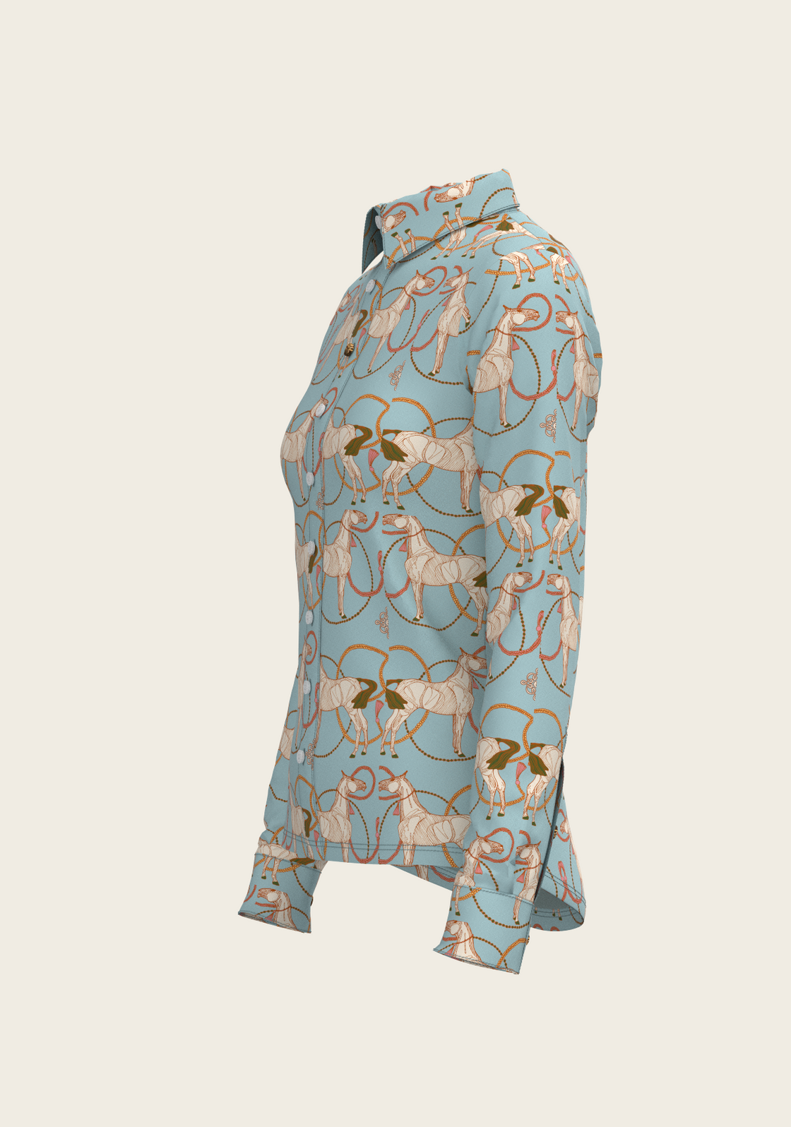 Roped Horses on Sky Blue Ladies Button Shirt