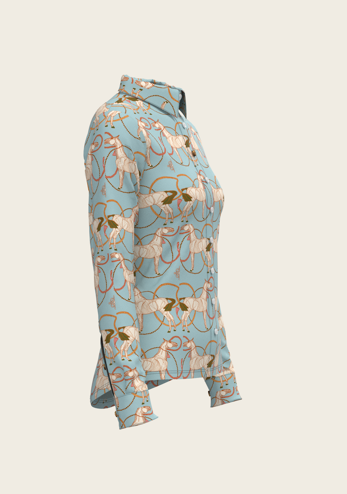 Roped Horses on Sky Blue Ladies Button Shirt
