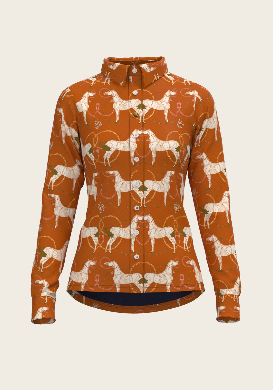 Roped Horses on Tan Ladies Button Shirt