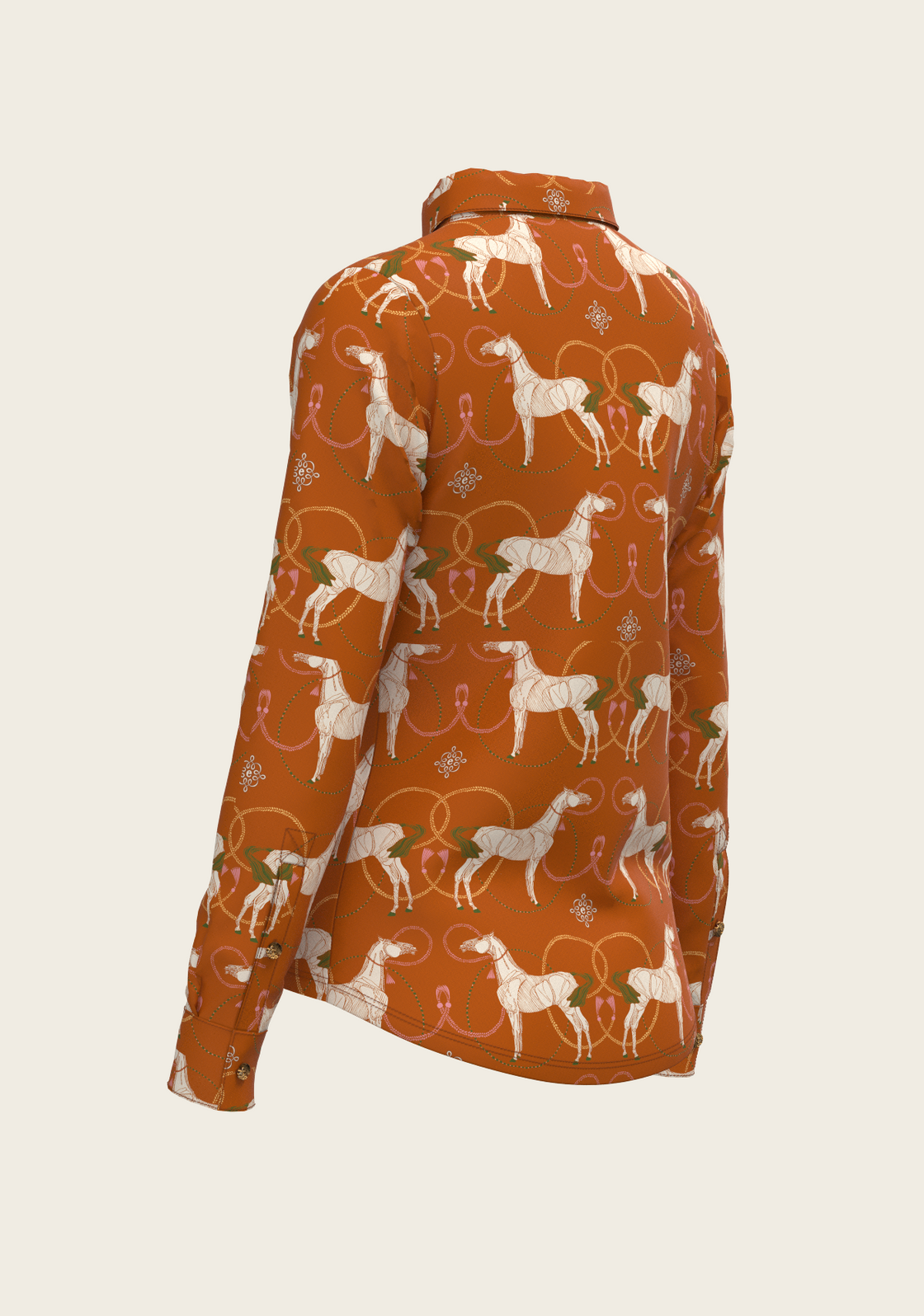 Roped Horses on Tan Ladies Button Shirt