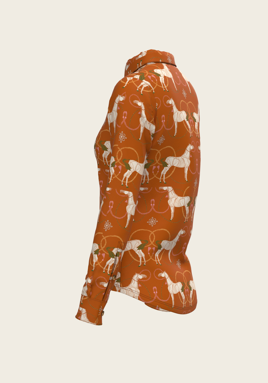 Roped Horses on Tan Ladies Button Shirt