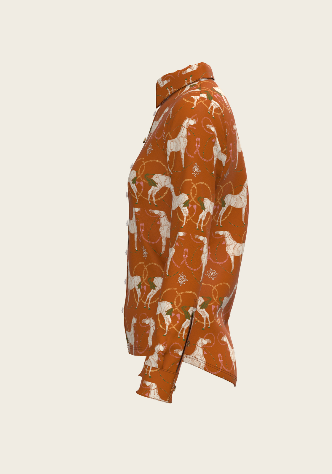 Roped Horses on Tan Ladies Button Shirt