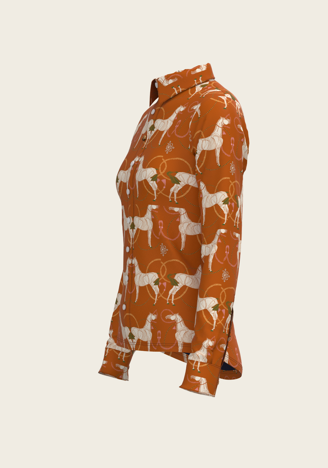 Roped Horses on Tan Ladies Button Shirt
