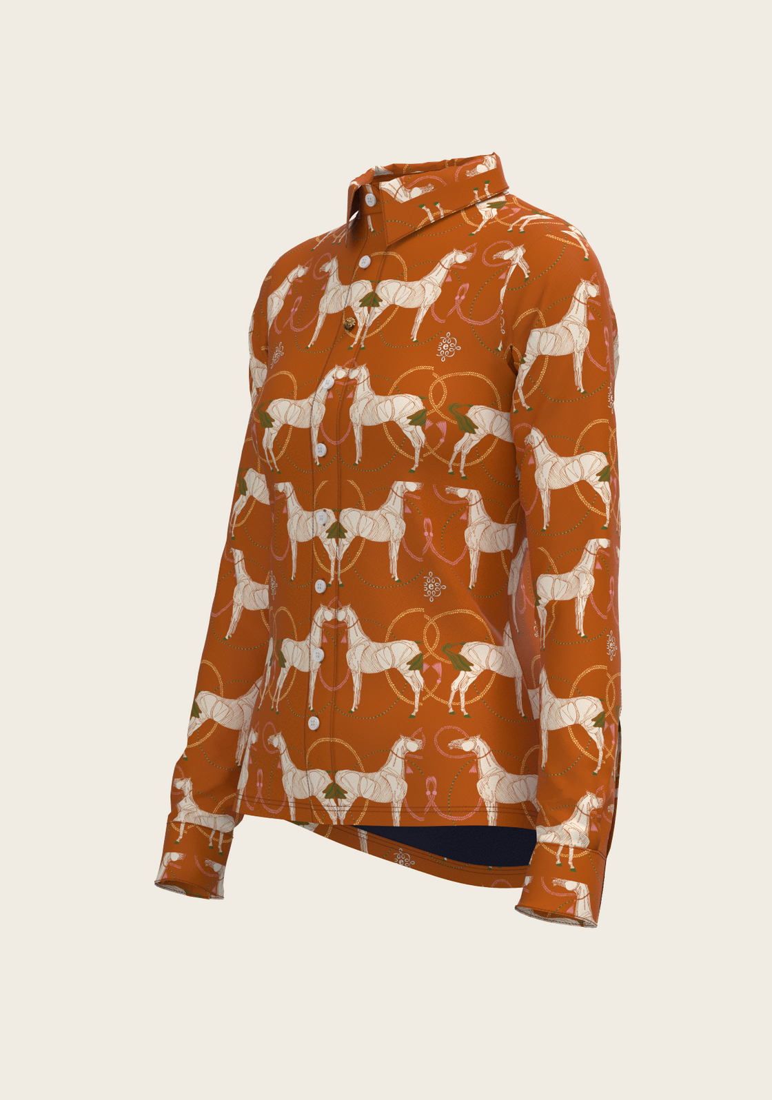 Roped Horses on Tan Ladies Button Shirt