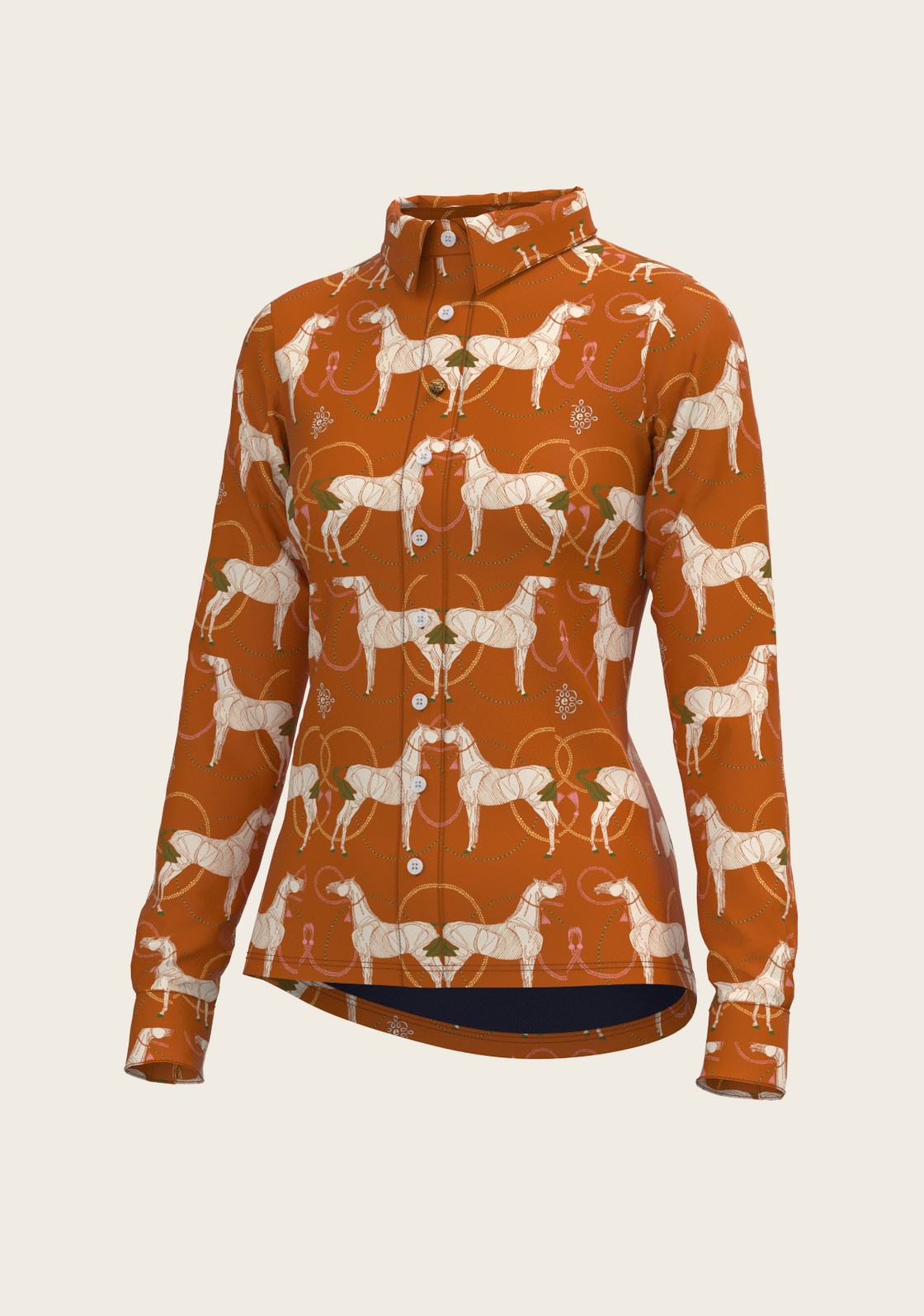 Roped Horses on Tan Ladies Button Shirt