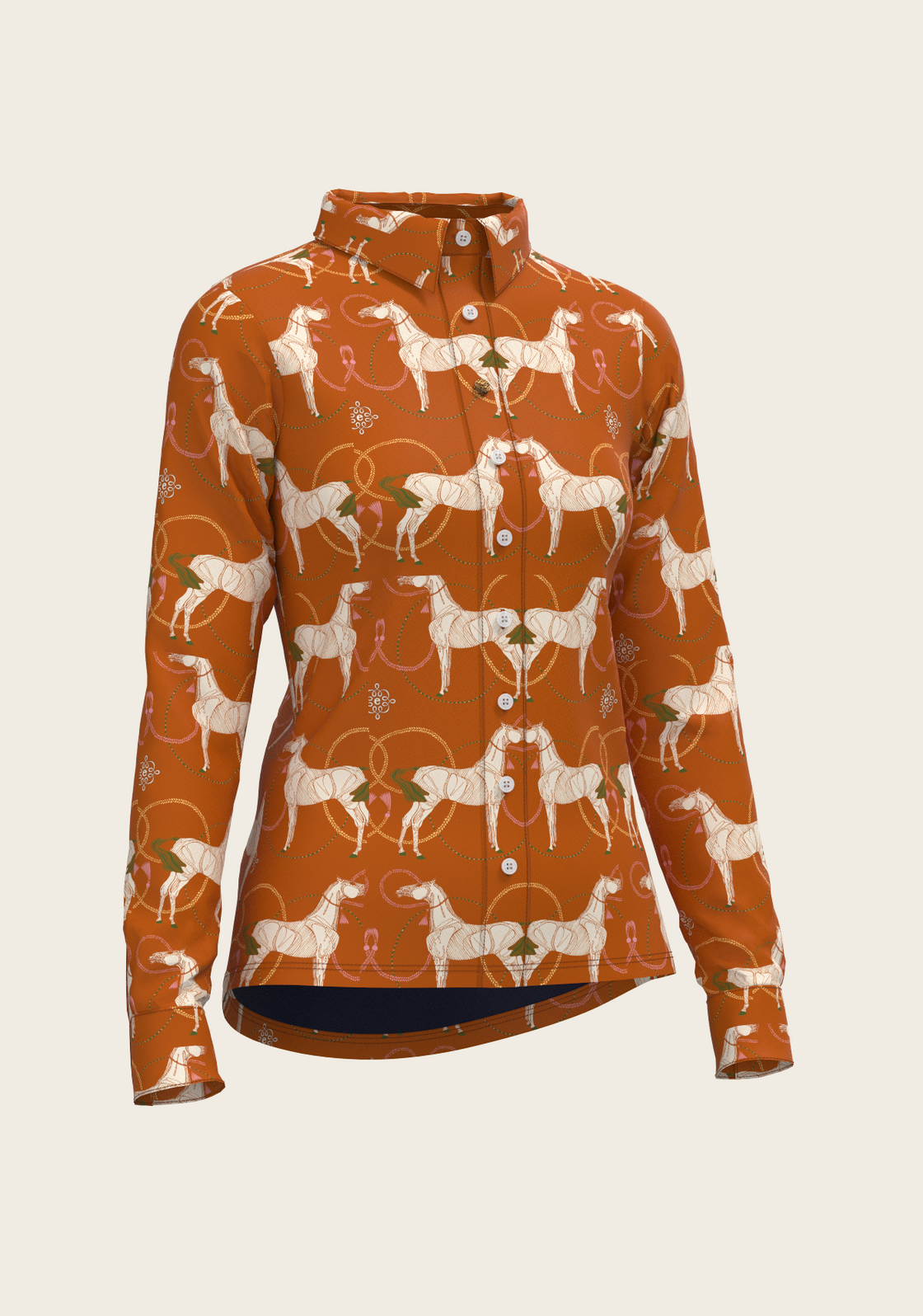 Roped Horses on Tan Ladies Button Shirt