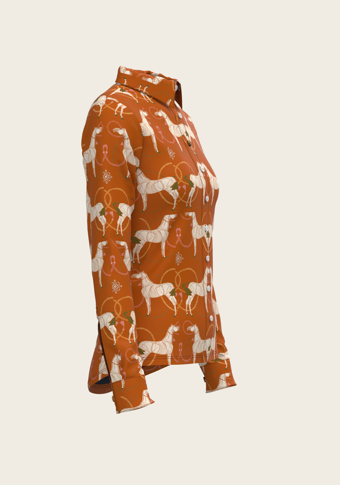 Roped Horses on Tan Ladies Button Shirt