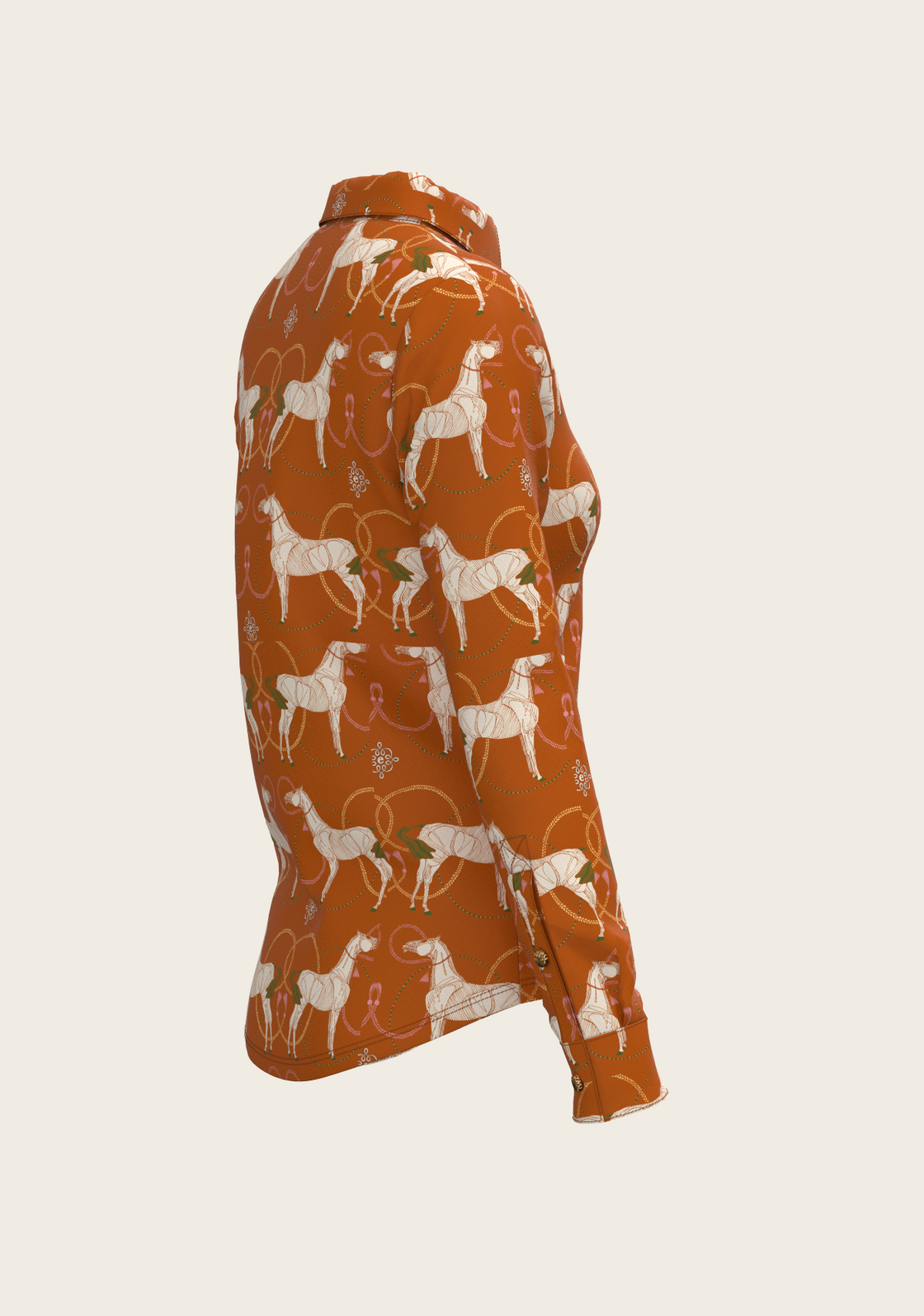 Roped Horses on Tan Ladies Button Shirt