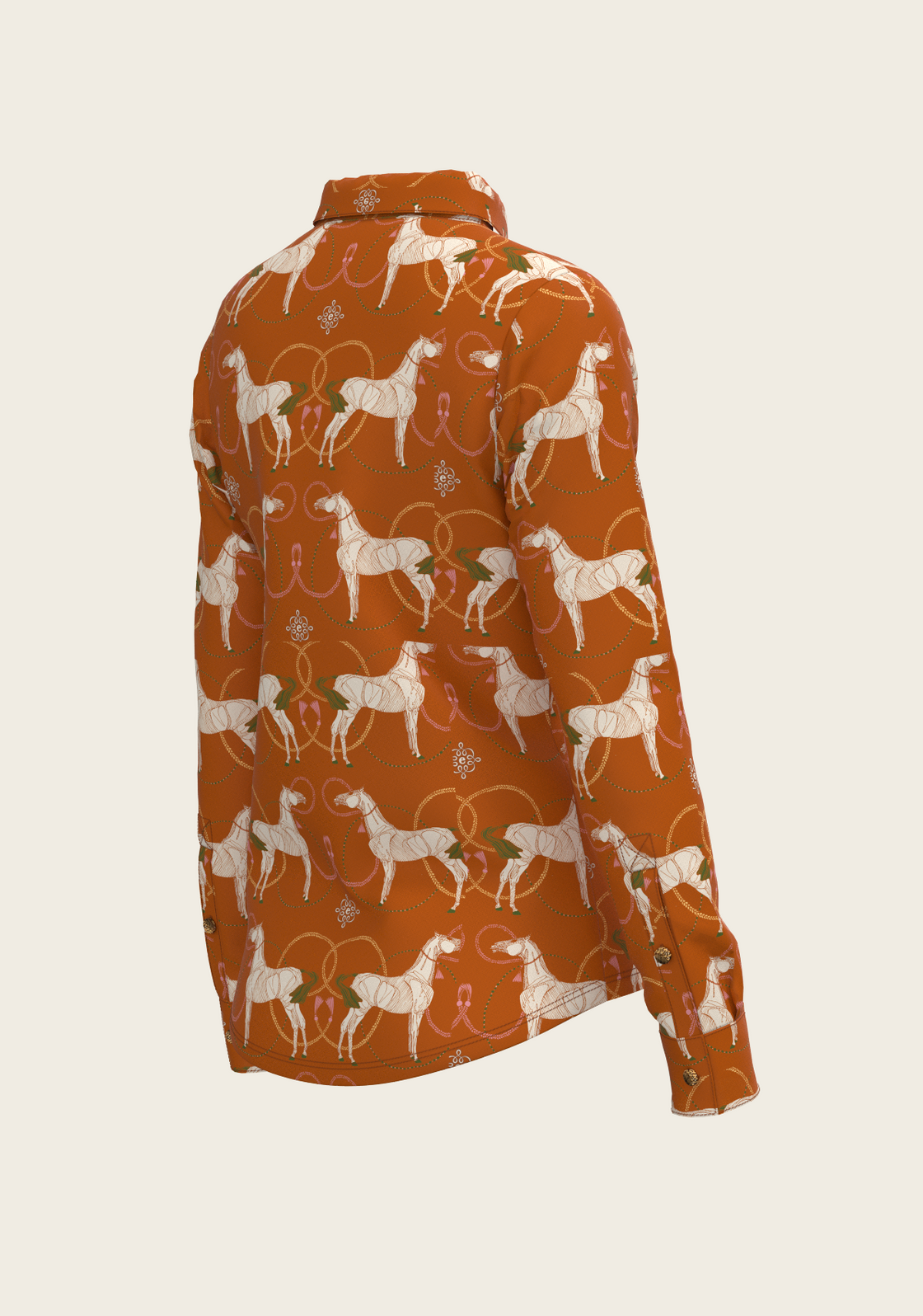 Roped Horses on Tan Ladies Button Shirt