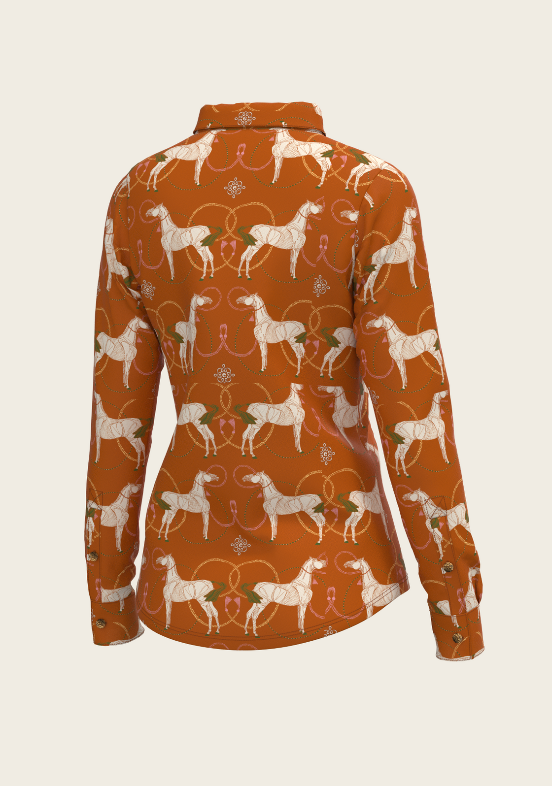 Roped Horses on Tan Ladies Button Shirt