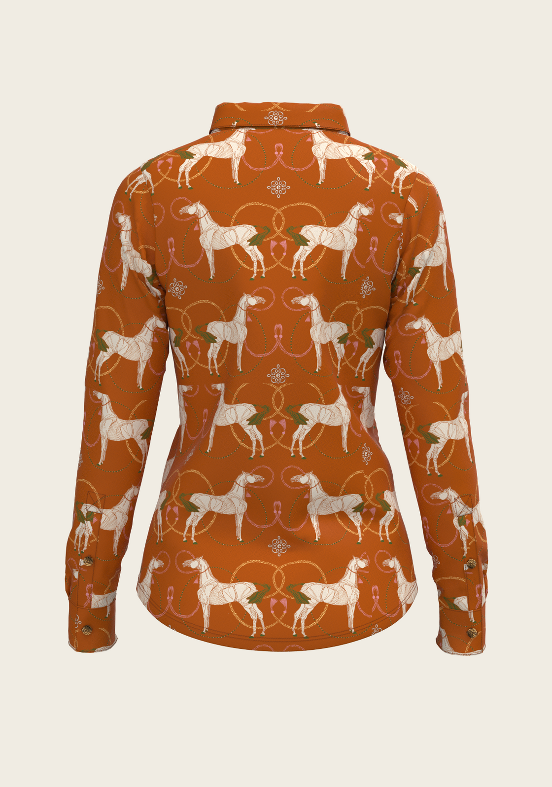 Roped Horses on Tan Ladies Button Shirt
