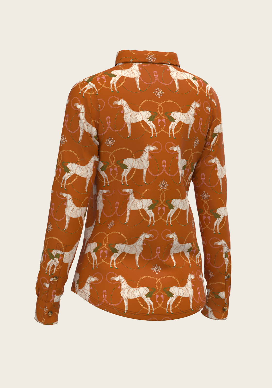 Roped Horses on Tan Ladies Button Shirt