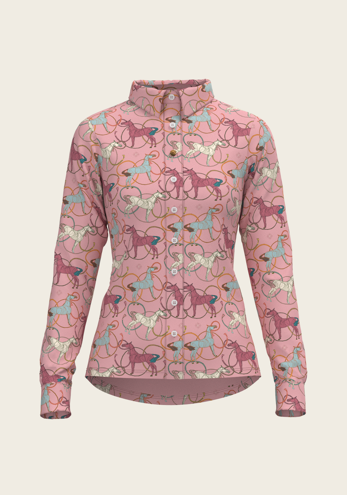Colourful Roped Horses on Rose Ladies Button Shirt