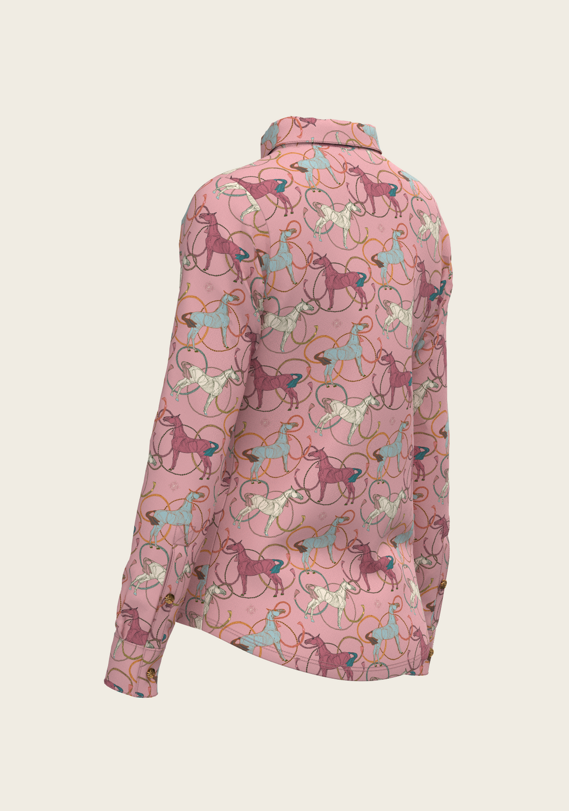 Colourful Roped Horses on Rose Ladies Button Shirt