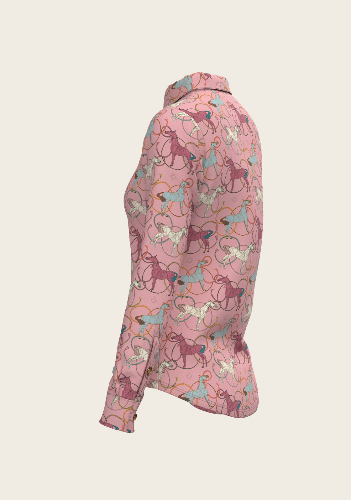 Colourful Roped Horses on Rose Ladies Button Shirt