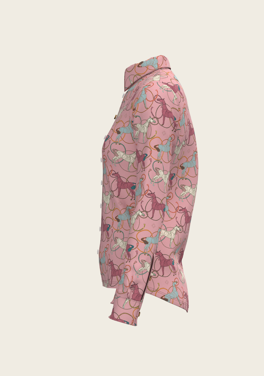 Colourful Roped Horses on Rose Ladies Button Shirt