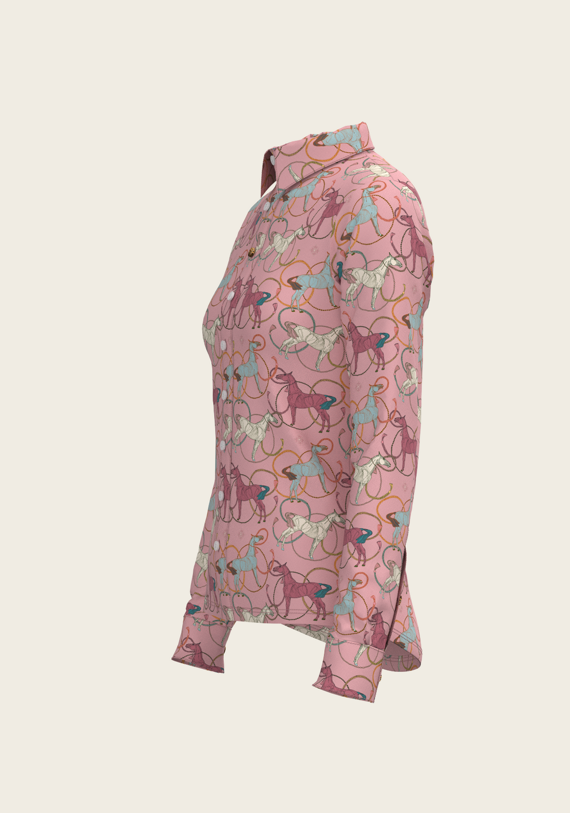 Colourful Roped Horses on Rose Ladies Button Shirt