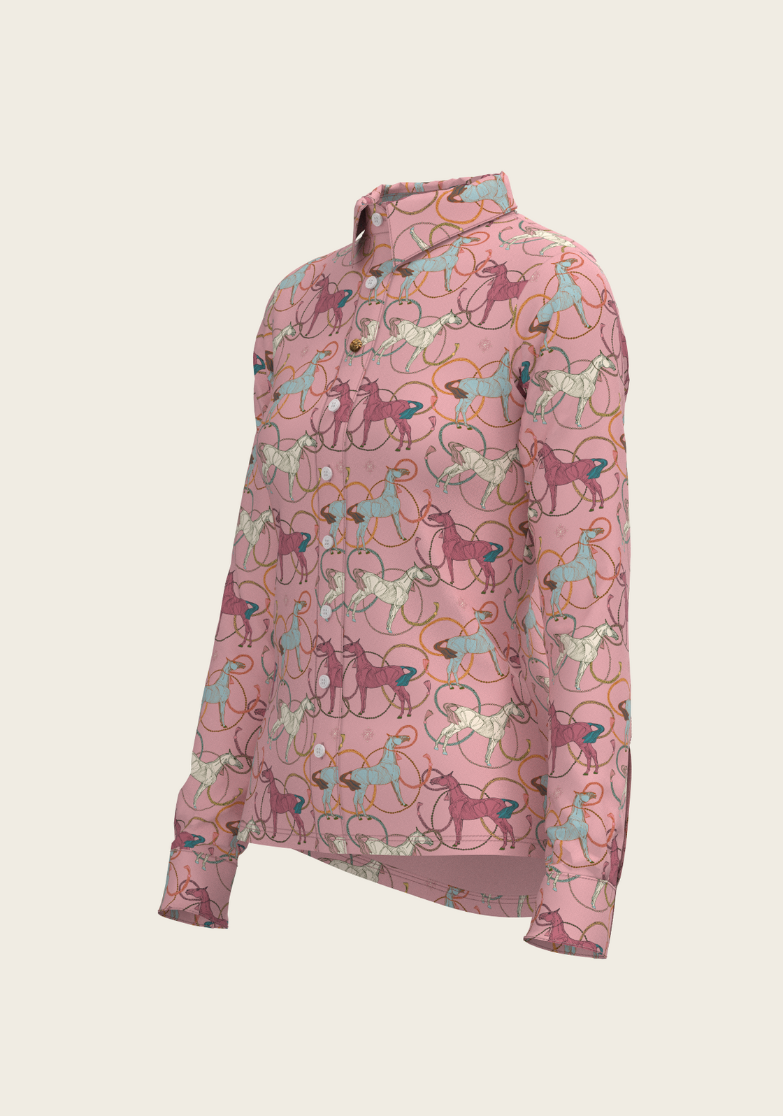 Colourful Roped Horses on Rose Ladies Button Shirt