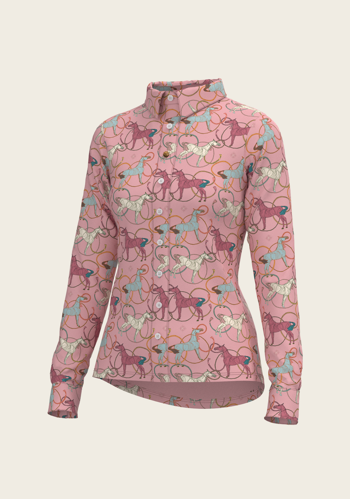 Colourful Roped Horses on Rose Ladies Button Shirt