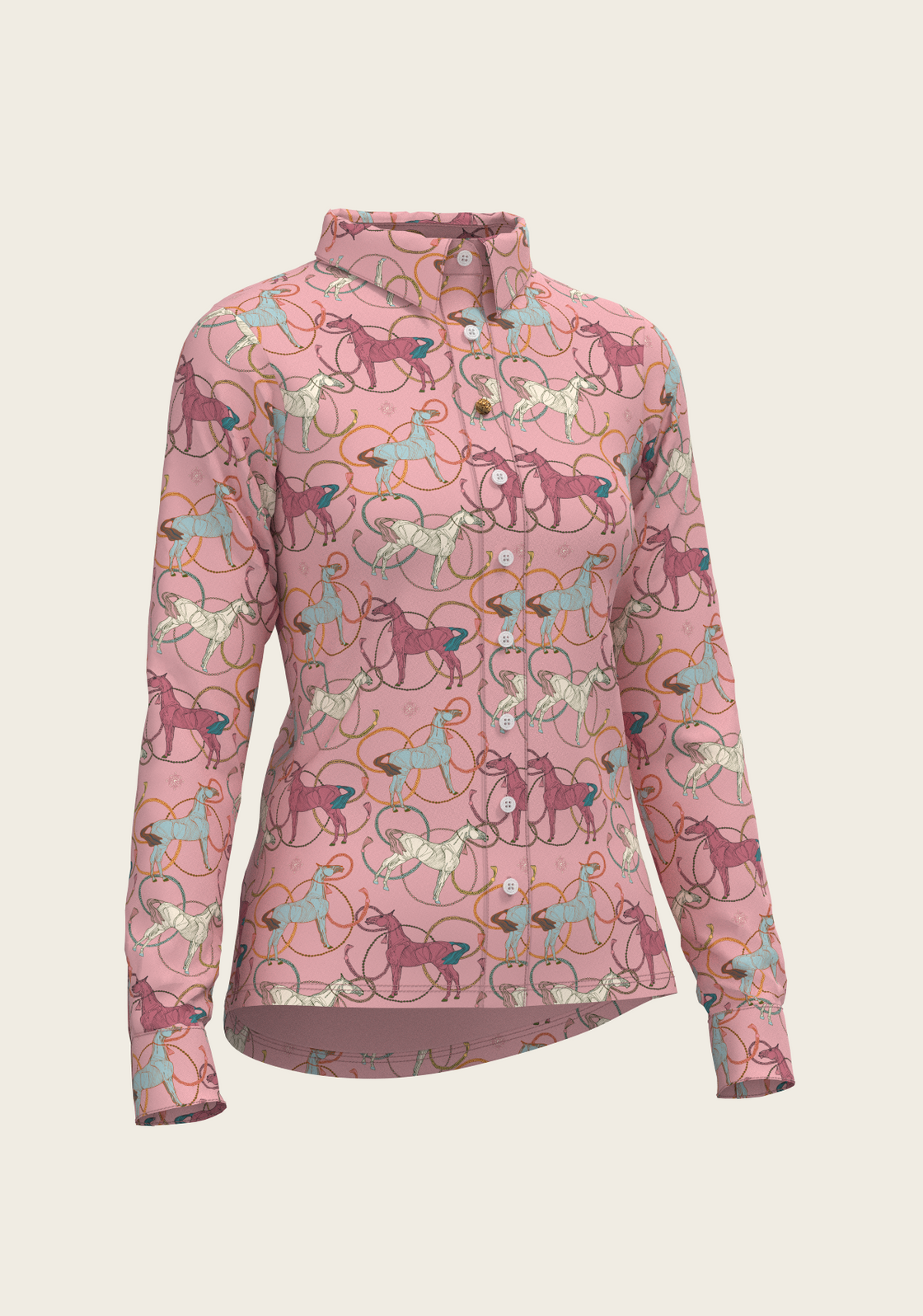 Colourful Roped Horses on Rose Ladies Button Shirt