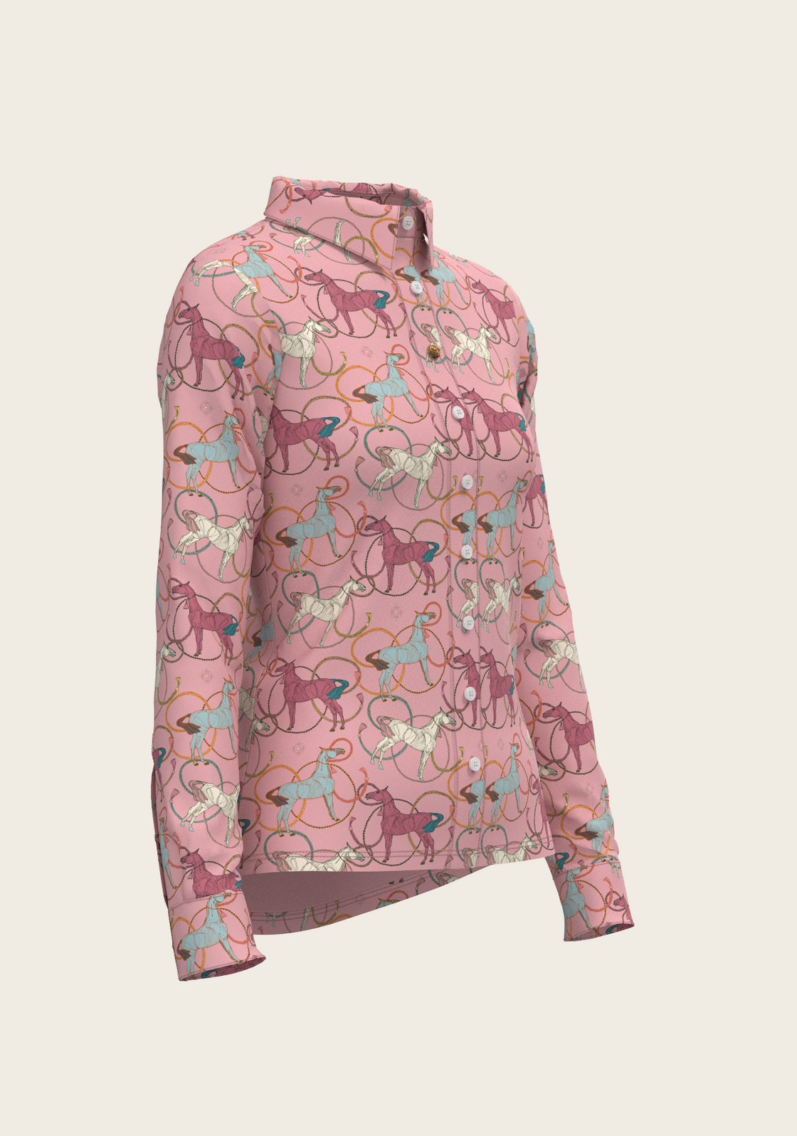 Colourful Roped Horses on Rose Ladies Button Shirt