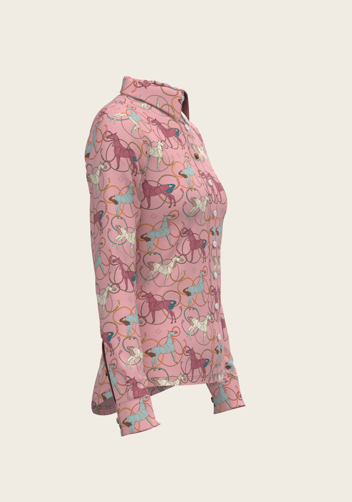 Colourful Roped Horses on Rose Ladies Button Shirt