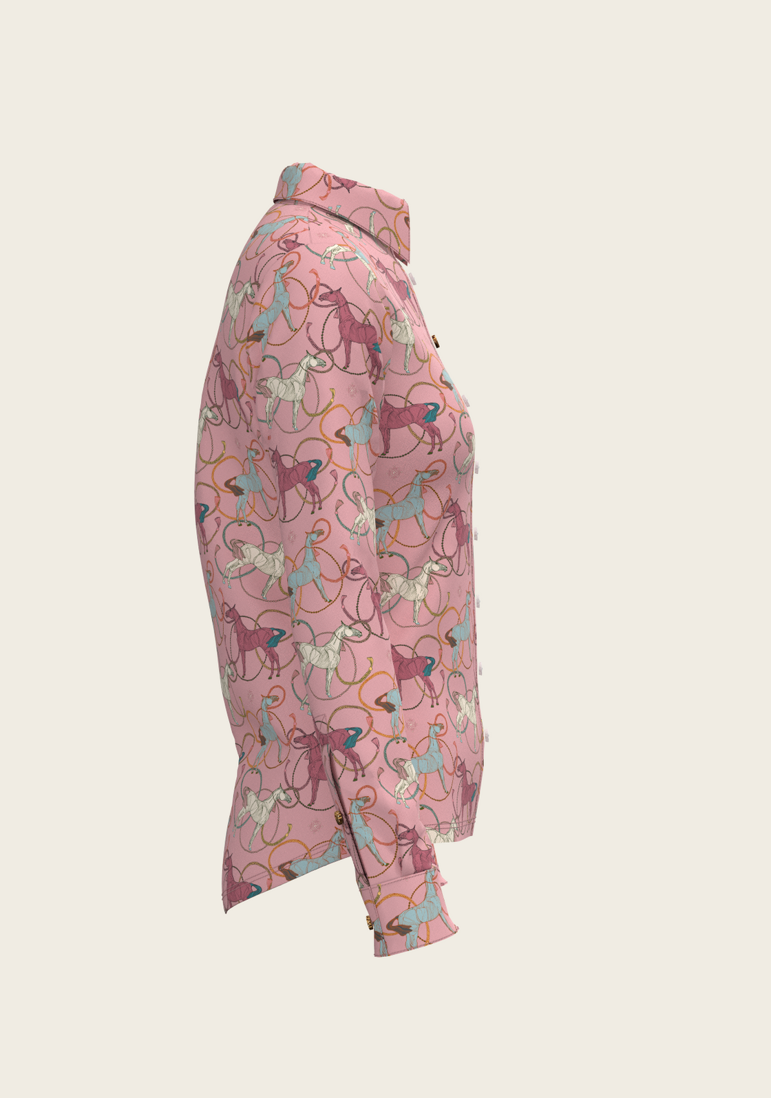 Colourful Roped Horses on Rose Ladies Button Shirt