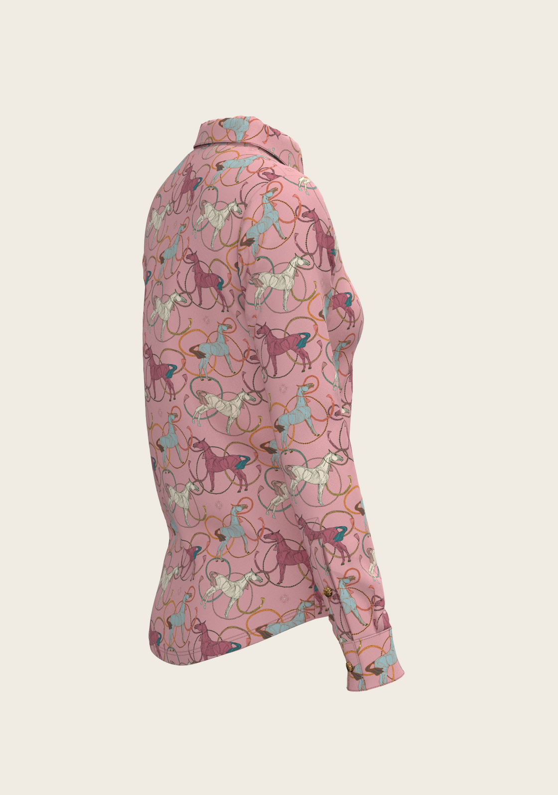 Colourful Roped Horses on Rose Ladies Button Shirt