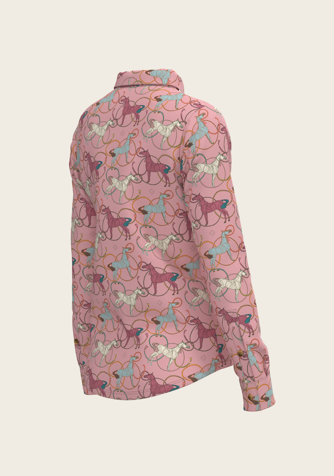 Colourful Roped Horses on Rose Ladies Button Shirt