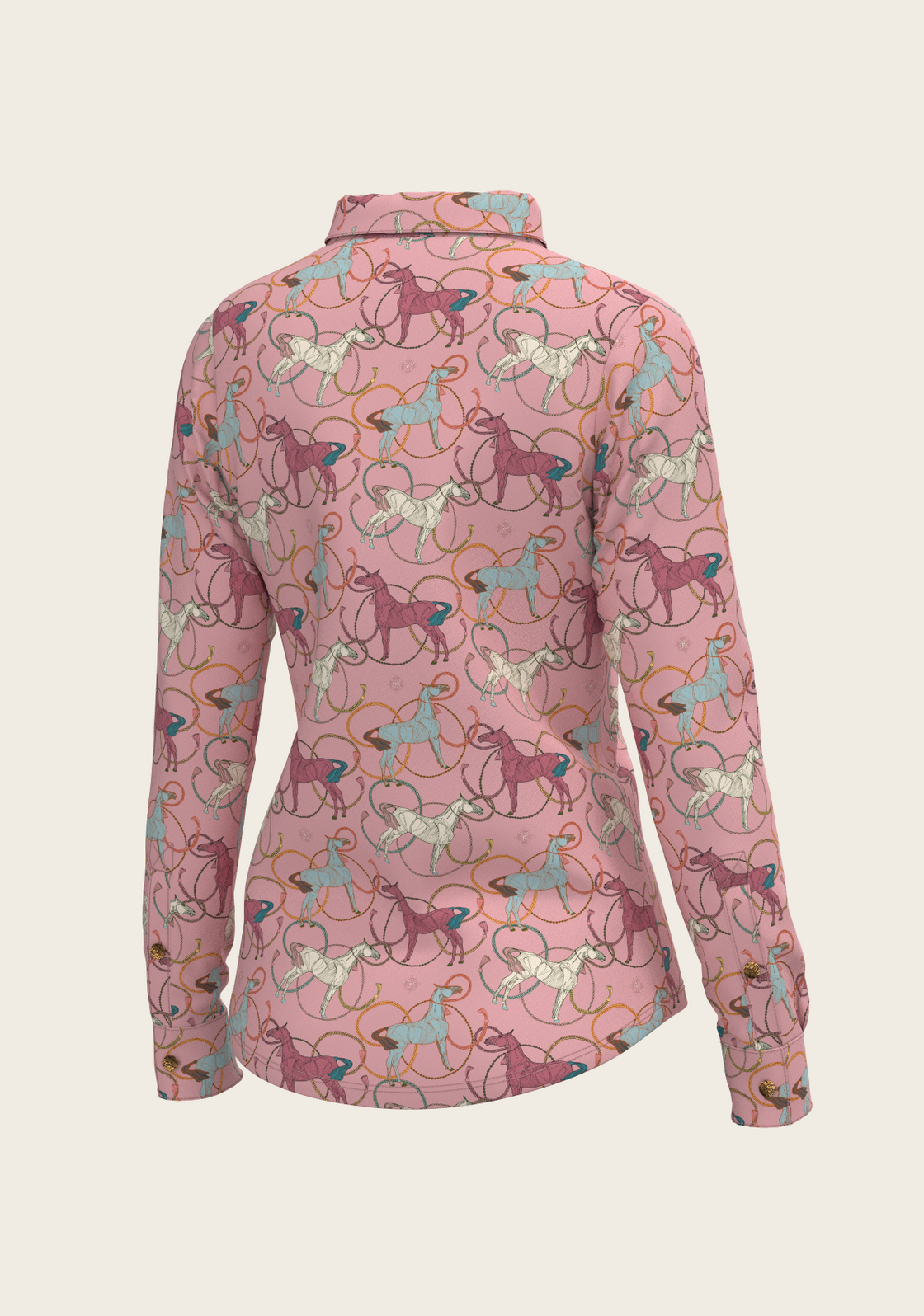 Colourful Roped Horses on Rose Ladies Button Shirt
