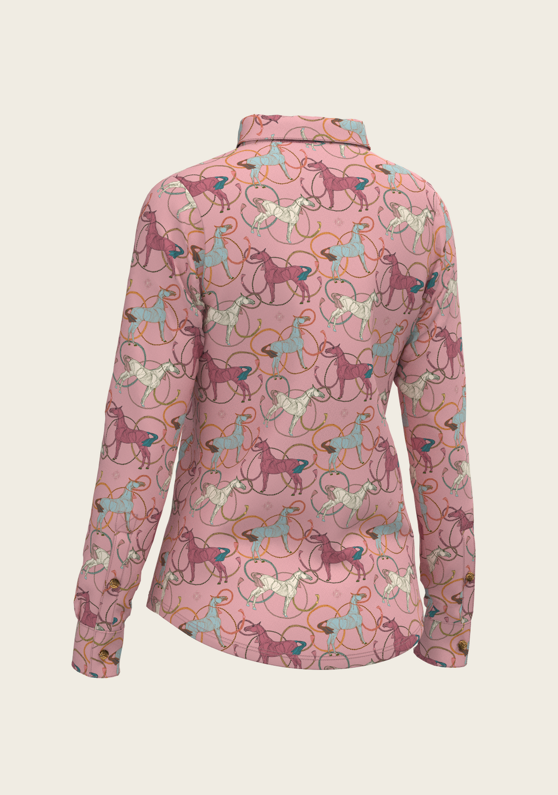 Colourful Roped Horses on Rose Ladies Button Shirt