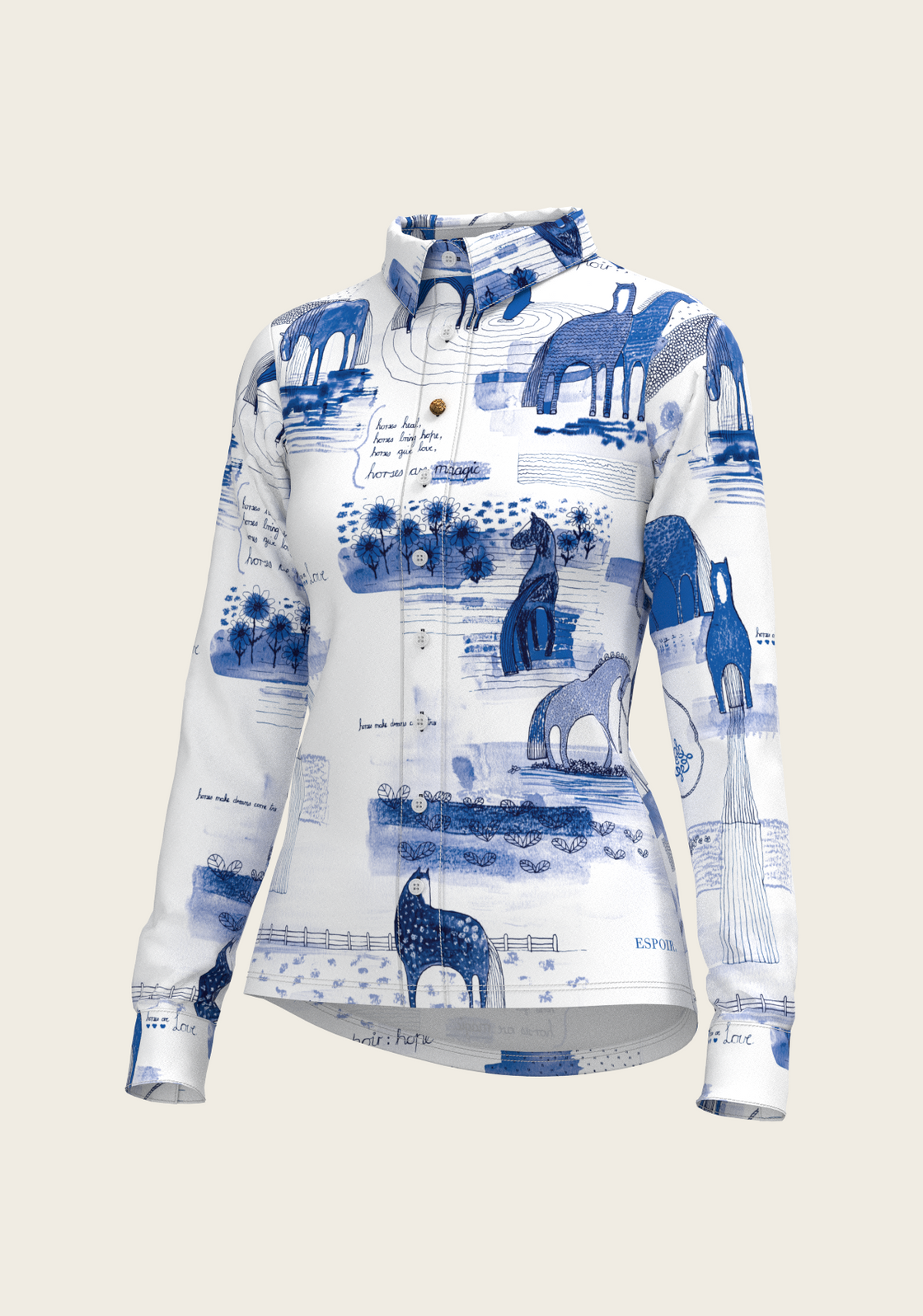 Daydreaming Horses on White Ladies Button Shirt