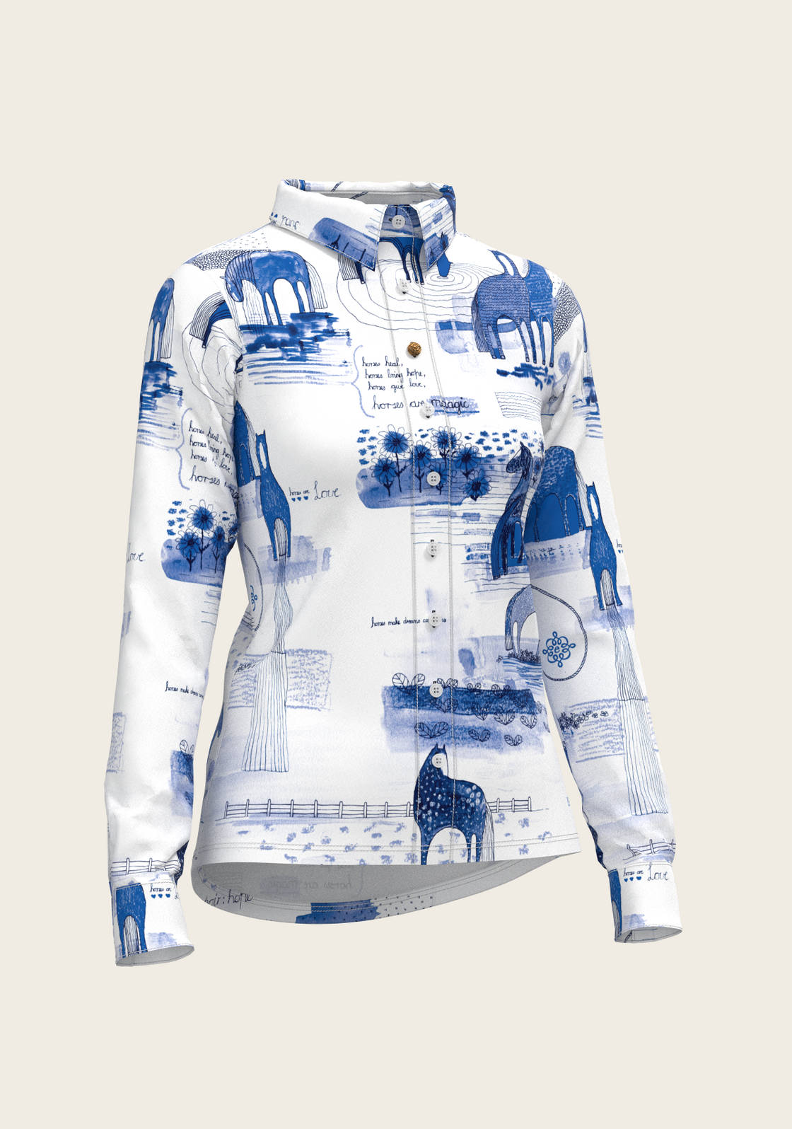 Daydreaming Horses on White Ladies Button Shirt