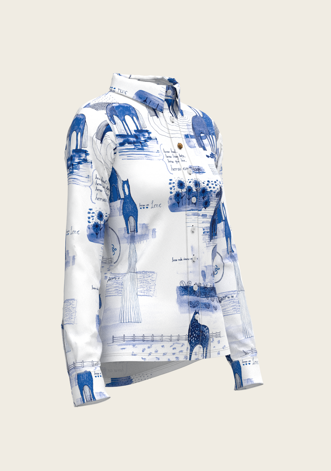 Daydreaming Horses on White Ladies Button Shirt
