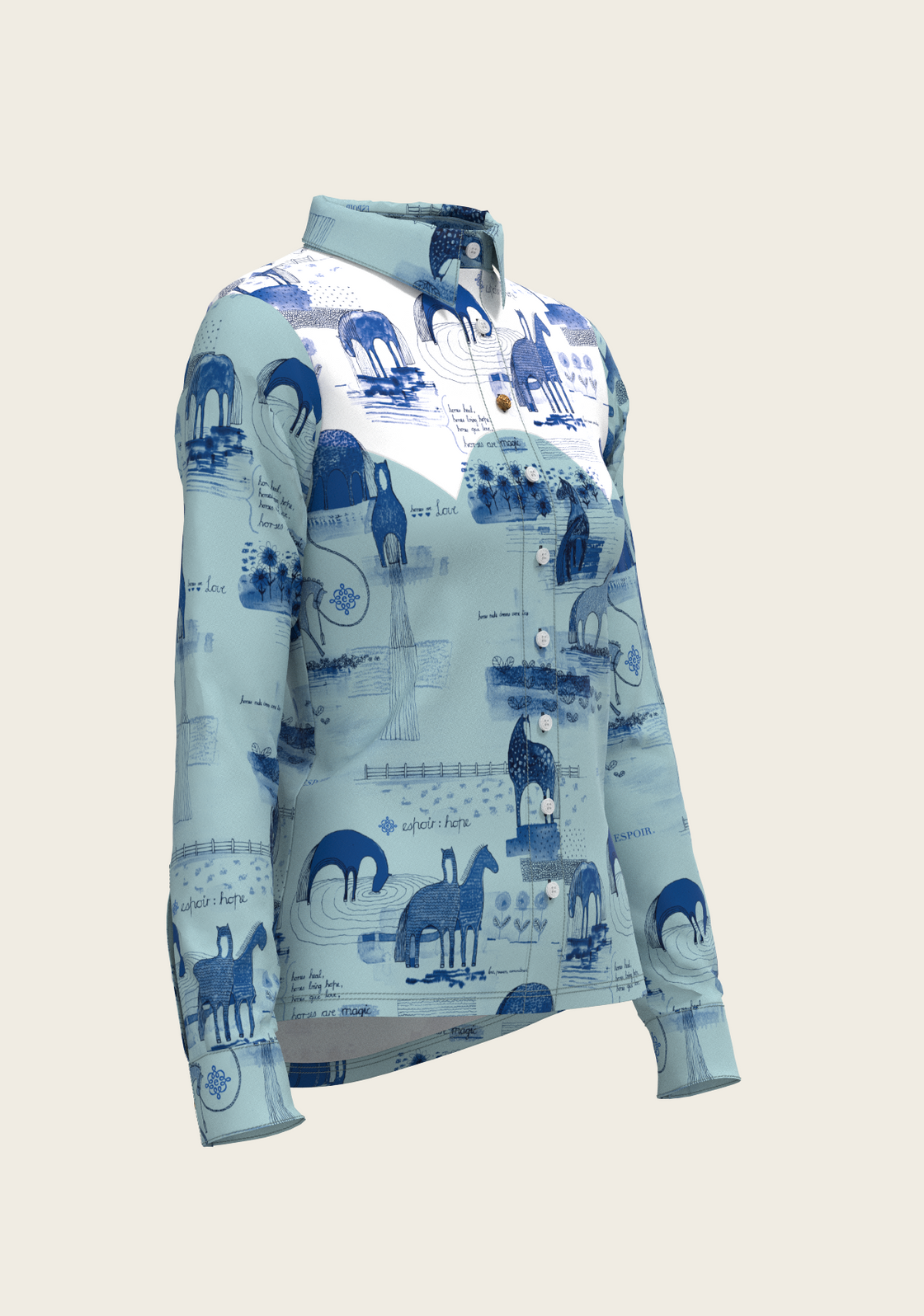 Daydreaming Horses Western Blue Ladies Button Shirt