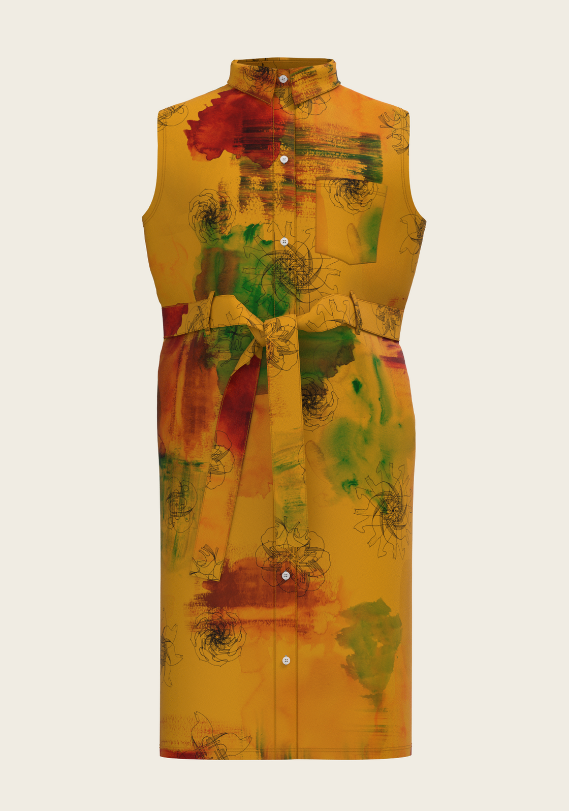 Horse Flower Fair on Ochre Sleeveless Shirt Dress