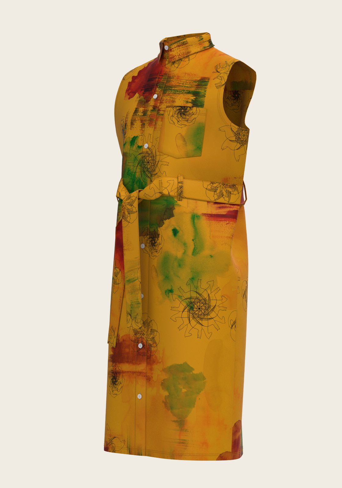 Horse Flower Fair on Ochre Sleeveless Shirt Dress