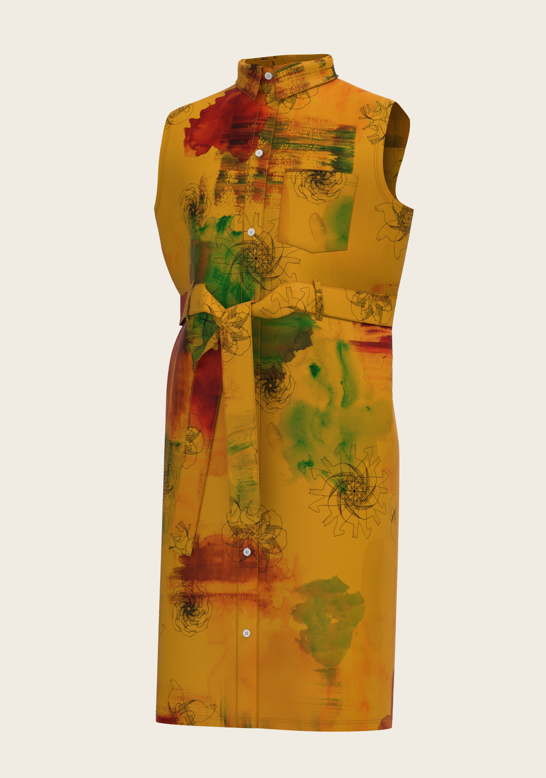 Horse Flower Fair on Ochre Sleeveless Shirt Dress